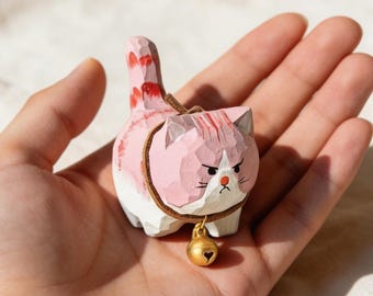 Hand Painted Wooden Cat Figurine, Pink Kitty Decor with Bell Collar, Cute Kawaii Shelf Ornament, Handmade Desk Decor, Gift for Cat Lovers