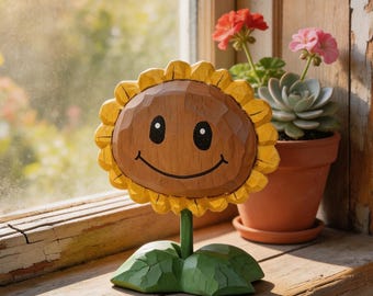 Hand Carved Wooden Sunflower Decor, Smiling Flower Figurine, Cute Desk Ornament, Nursery Shelf Decor, Happy Sunflower Gift