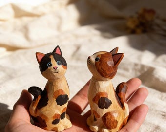 Hand Carved Calico Cat Figurine, Wooden Cat Statue, Handmade Cat Decor, Kitty Shelf Ornament, Cat Lover Gift, Painted Wood Animal Sculpture