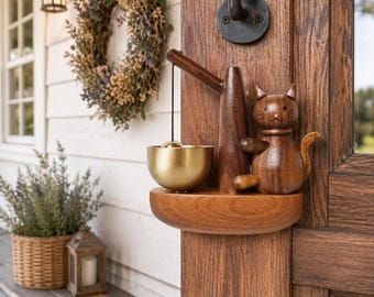 Wooden Cat Door Bell, Cute Cat Wind Chime, Handmade Wood Entryway Bell, Entryway Welcome Bell, Japanese Door Chime, Cat Lover Gift