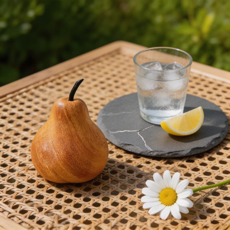 May include: A smooth, polished wooden pear figurine with a dark stem, a clear glass of water with ice cubes, a yellow lemon wedge on a round slate coaster, and a single white daisy with a yellow center on a woven cane surface.