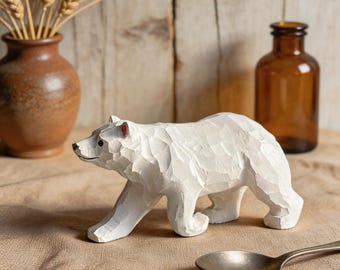 Polar Bear Wood Figurine, Handmade White Bear Ornament, Wooden Animal Shelf Decor, Arctic Bear Statue, Cute Nature Gift, Desk Decor