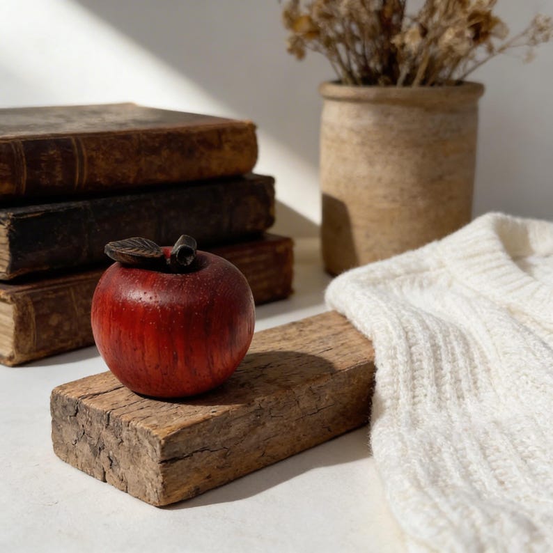 Handmade wooden apple figurine with rich red finish and carved leaf detail