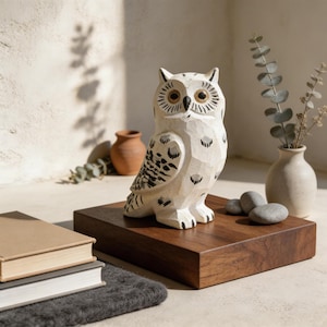 May include: A carved wooden owl figurine with white and black details, perched on a dark brown wooden block. The owl has large, detailed eyes and a textured appearance. Decorative home decor.