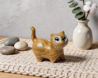 Cute Cat Figurine, Yellow Cat Shelf Decor, Mini Cat Desk Ornament, Kawaii Cat Decor, Cat Lover Gift, Small Animal Figuriner, Small Cat Gift