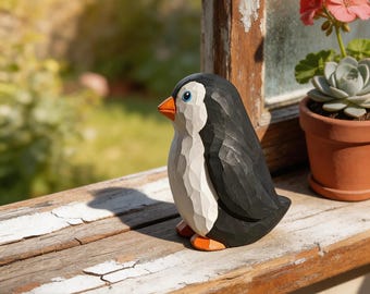 Hand Carved Wooden Penguin Figurine, Cute Penguin Decor, Handmade Arctic Bird Ornament, Small Desk Shelf Decor, Gift for Animal Lovers