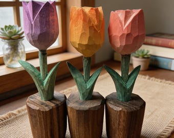 Hand Carved Wooden Tulip Decor, Handmade Tulip Sculpture in Pot, Pink Floral Shelf Ornament, Rustic Flower Figurine, Spring Gift for Her
