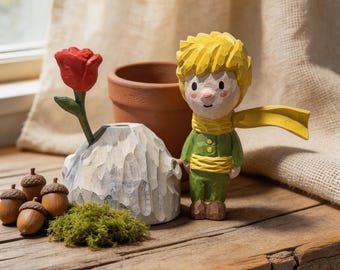 Prince with Rose Wooden Figurine, Little Prince Inspired Gift, Book Lover Decor, Cute Storybook Ornament, Reading Nook Shelf Decor