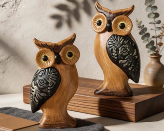Set of Hand Painted Wooden Owl Statue, Modern Owl Decor, Minimalist Bird Sculpture, Rustic Desk Ornament, Handmade Home Office Shelf Decor