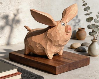 Hand Carved Wooden Pig Figurine, Cute Pig Decor, Handmade Farm Animal Ornament, Rustic Nursery Shelf Decor, Gift for Pig Lovers