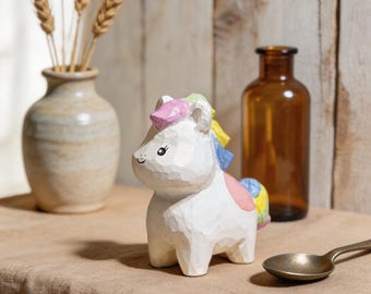 Rainbow Unicorn Wood Figurine, Handmade Unicorn Ornament, Cute Wooden Animal Decor, Pastel Nursery Shelf Sitter, Gift for Girls