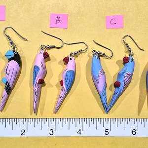 Vintage Hand-Painted Parrot Earrings: Balinese Wood Jewelry (matte finish)