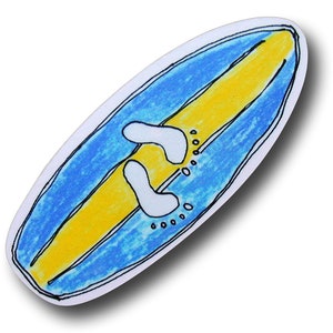 May include: A blue and yellow surfboard with white footprints drawn on it.