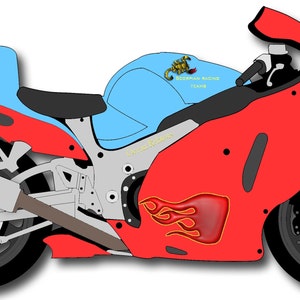 May include: A red and blue motorcycle with flames painted on the side. The motorcycle has a scorpion logo and the number 33 on the side.