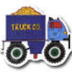 May include: A blue toy truck with a large, open bed filled with brown dirt. The truck has the words "Truck Co." printed on the side of the bed.