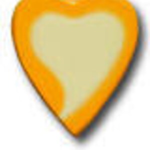 May include: A heart-shaped, orange and cream-colored ceramic tile. The tile has a glossy finish and a smooth surface. The heart shape is clearly defined with a contrasting border. The tile is likely used for decorative purposes.