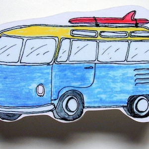May include: A blue and yellow cartoon illustration of a vintage van with a red surfboard on top. The van has a yellow roof and windows, and the surfboard is red with a white stripe.