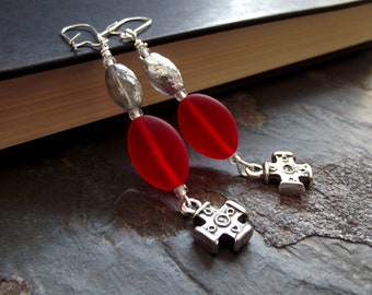 Art Deco Cross Earrings: Antiqued Silver Gothic Earrings, Red Sea Glass Long Dangle Earrings, Medieval Greek Jewelry, Rustic Patina