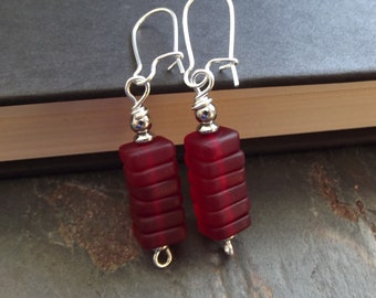 Petite Red Earrings: Minimalist Dainty Earrings, Sea Glass Earrings, Bright Red Christmas Jewelry, Stainless Steel Modern Stacked Earrings