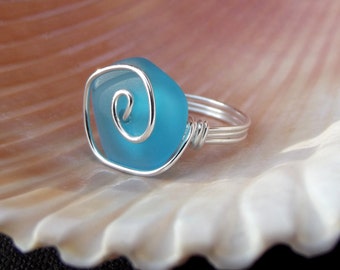 Deep Ocean Blue Ring:  Fine Silver Swirl Spiral Wire Wrapped Sky Blue Sea Glass Beach Jewelry, Custom Size 4 to 14