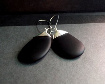 Midnight Black Sea Glass Earrings:  Fine Silver Wire Wrapped Opaque Jet Black Tie Bold Modern Beach Wedding Jewelry