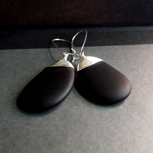 Midnight Black Sea Glass Earrings:  Fine Silver Wire Wrapped Opaque Jet Black Tie Bold Modern Beach Wedding Jewelry