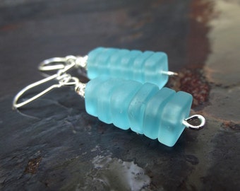 Ocean Blue Cube Earrings:  Turquoise Sky Blue Sea Glass Drop Earrings, Petite Stacked Silver Wire Earrings, Modern Nautical Beach Jewelry