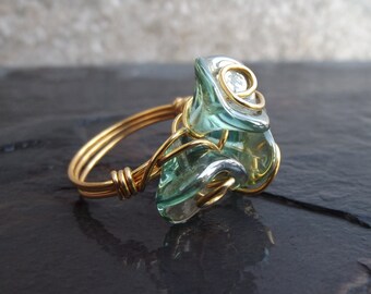 Flower Cluster Ring:  Aquamarine Ring, Large Bouquet Ring, Blue Green Glass Statement Ring, Gold Wire Wrapped Ring, Size 7