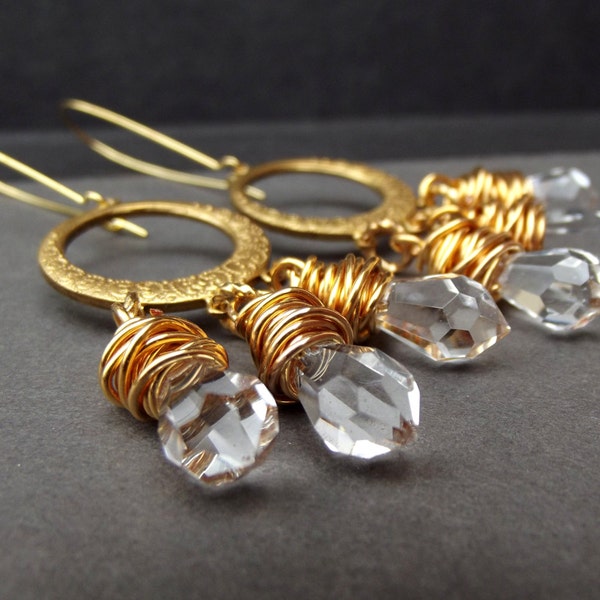 Antiqued Gold Chandelier Earrings:  Crystal Drop Earrings, 24K Gold Wire Wrapped Statement Earrings, Valentines Day Jewelry, Gift for Her