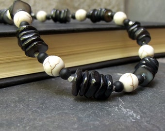 Men's Choker Necklace:  Black Shell Necklace, Beach Jewelry, Unisex, Black and White