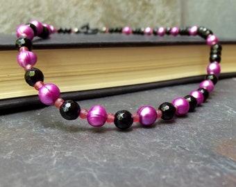 Magenta Freshwater Pearl Necklace:  Black Onyx Choker, Pink Gemstone Jewelry, Color Trends 2023