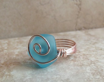 Blue Sea Glass Ring:   Rose Gold Wire Wrapped Ring, Ocean Blue Beach Glass Ring, Rose Gold Swirl Ring, Size 6, Nautical Jewelry