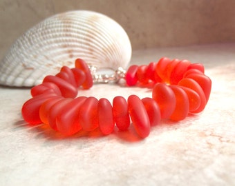 Orange Seaglass Bracelet, Tangerine Orange Beach Pebble Chunky Bracelet, Autumn Wedding Jewelry, Fall Pumpkin