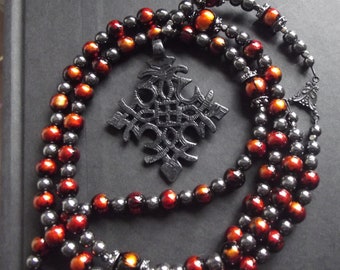 Orange and Black Rosary: Edgy Biker Necklace, Hope and Faith Cross Long Necklace, Unisex Gender Neutral Jewelry, Wild Fire, Art Nouveau