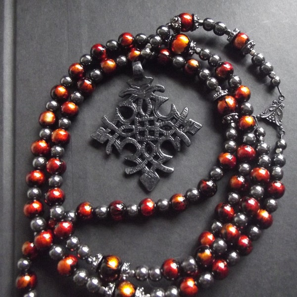 Orange and Black Rosary: Edgy Biker Necklace, Hope and Faith Cross Long Necklace, Unisex Gender Neutral Jewelry, Wild Fire, Art Nouveau