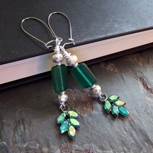 Emerald Green Earrings: Long Sea Glass Dangle Earrings, Antiqued Silver Mercury Glass Christmas Jewelry, Aurora Borealis Leaf Botanical