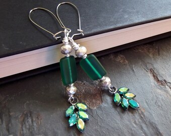 Emerald Green Earrings: Long Sea Glass Dangle Earrings, Antiqued Silver Mercury Glass Christmas Jewelry, Aurora Borealis Leaf Botanical