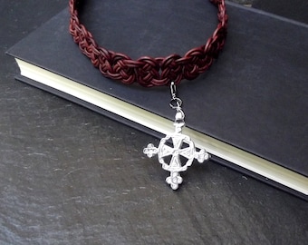 Men's Leather Necklace:  Brown Celtic Knot Macrame Choker, Large Gothic Cross, Bohemian Unisex Jewelry