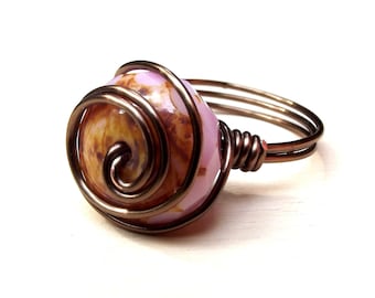 Pink and Brown Ring:  Antiqued Brass Wire Wrapped Swirl Ring, Blush Soft Rose Opal Stone, Size 8, Custom Size