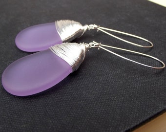 Purple Sea Glass Earrings:  Lavender Large Teardrop Statement Earrings, Radiant Orchid Dangle Fine Silver Wire Wrapped Beach Wedding Jewelry