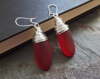 Large Red Earrings: Cherry Red Sea Glass Earrings, Bold Silver Wire Wrapped Christmas Jewelry, Nautical Holiday