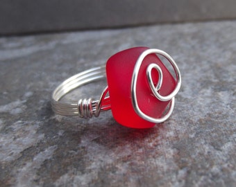 Red Sea Glass Ring, Silver Swirl Wire Wrapped Ring, Cherry Red Beach Stone Ring, Ocean Themed Christmas Jewelry, Size 8