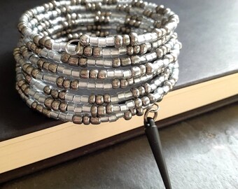 Galvanized Silver Beaded Bracelet, 8 Wrap Bracelet, Gunmetal Wide Cuff, Seed Bead Memory Wire, Industrial Spike , Black Pendulum