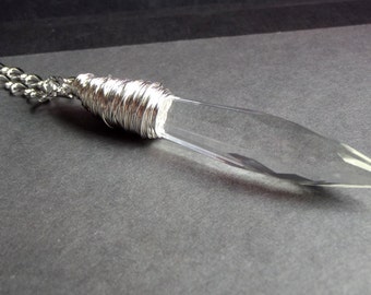 Crystal Point Necklace:  Chandelier Crystal Dagger Necklace, Long Hammered Fine Silver Chain Glass Spear Icicle Necklace, Layering Jewelry