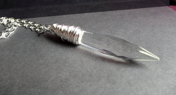 Crystal Point Necklace:  Chandelier Crystal Dagger Necklace, Long Hammered Fine Silver Chain Glass Spear Icicle Necklace, Layering Jewelry