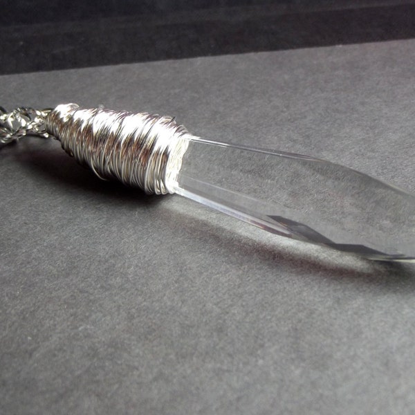 Crystal Point Necklace:  Chandelier Crystal Dagger Necklace, Long Hammered Fine Silver Chain Glass Spear Icicle Necklace, Layering Jewelry