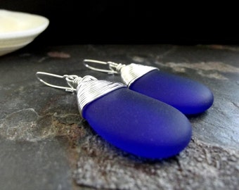 Cobalt Blue Earrings: Sea Glass Earrings Wire Wrapped Earrings Modern Beach Jewelry Silver Statement Earrings Large Drop Earrings Nautical