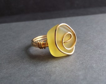 Yellow Sea Glass Ring:  24K Gold Swirl Wire Wrapped Lemon Beach Jewelry, Size 6