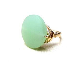 Seafoam Green Sea Glass Ring:  24K Gold Wire Wrapped Beach Jewelry, Mint Green