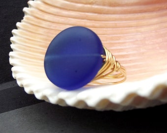 Cobalt Blue Statement Ring:  Midnight Blue Sea Glass Ring, 24K Gold Plated Wire Wrapped Ring, Nautical Beach Jewelry